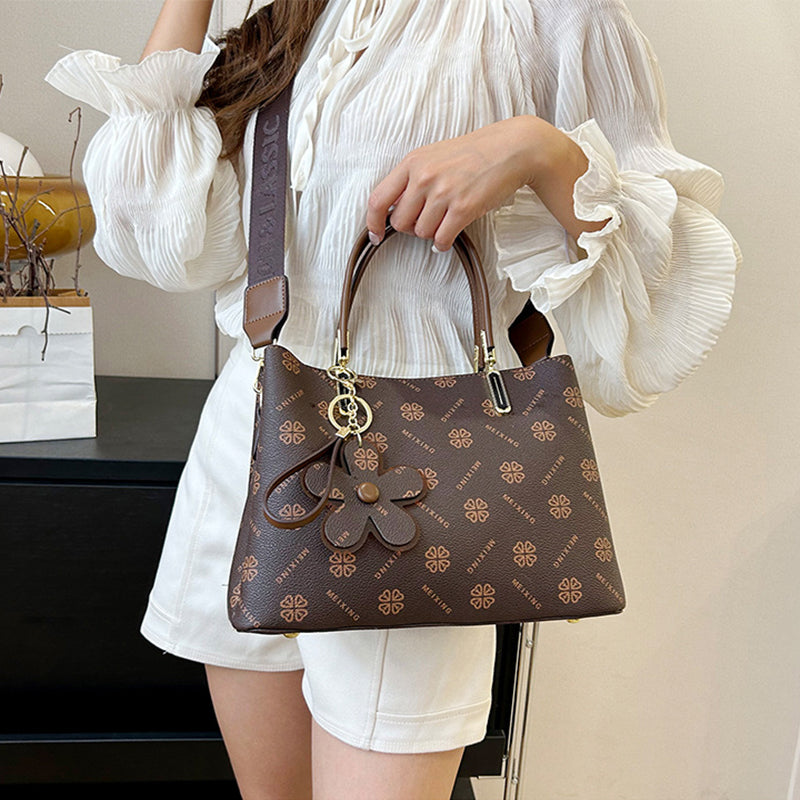 Printed Tote Bag With Flower Pendant For Women