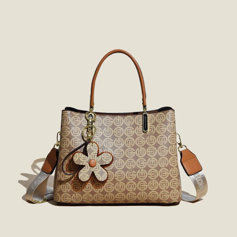 Printed Tote Bag With Flower Pendant For Women